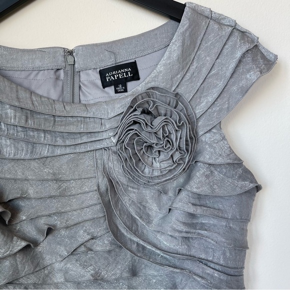 Adrianna Papell Gray Ruched Sheath Dress with Rosette Detail Size 12 - Picture 7 of 13